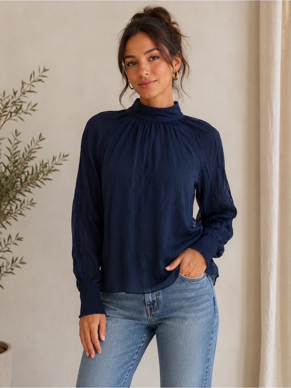 Lilly Pulitzer Navy Mock Neck Sheer Sleeve Blouse Size 8